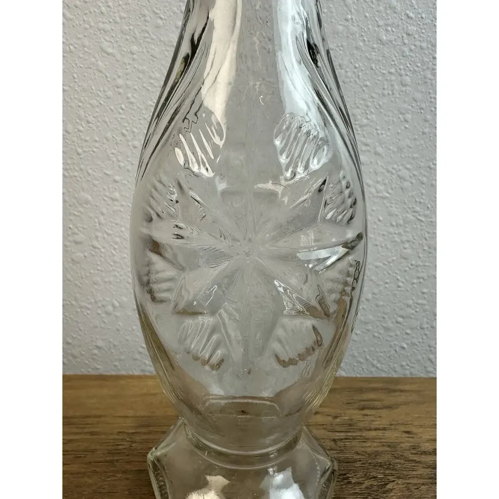 Clear Rounded Star Engraved Vase, 9 inches tall, ribbed sides, Great condition